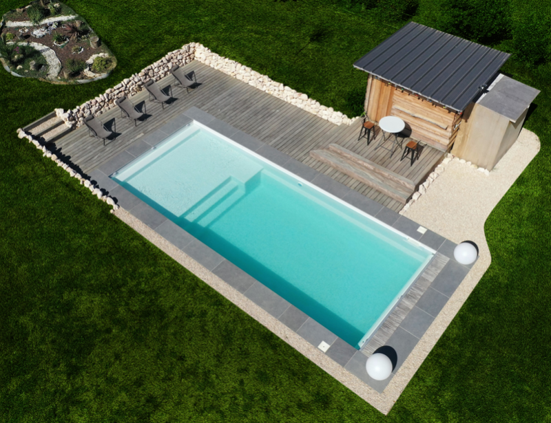Entreprise pour installer Piscine coque polyester Sherry Lounge Beach XL 10*4 et 11*4 moderne avec une immense plage immergée offrant un grand espace de détente et de nage à Sainte-Maxime dans le Var 83 